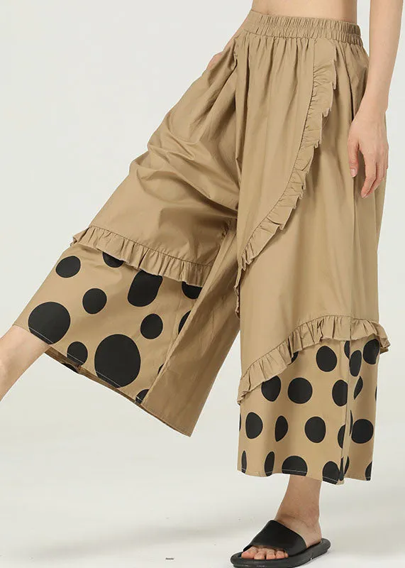 Chic Khaki Ruffled Pockets Print Cotton Wide Leg Pants Summer LY1227