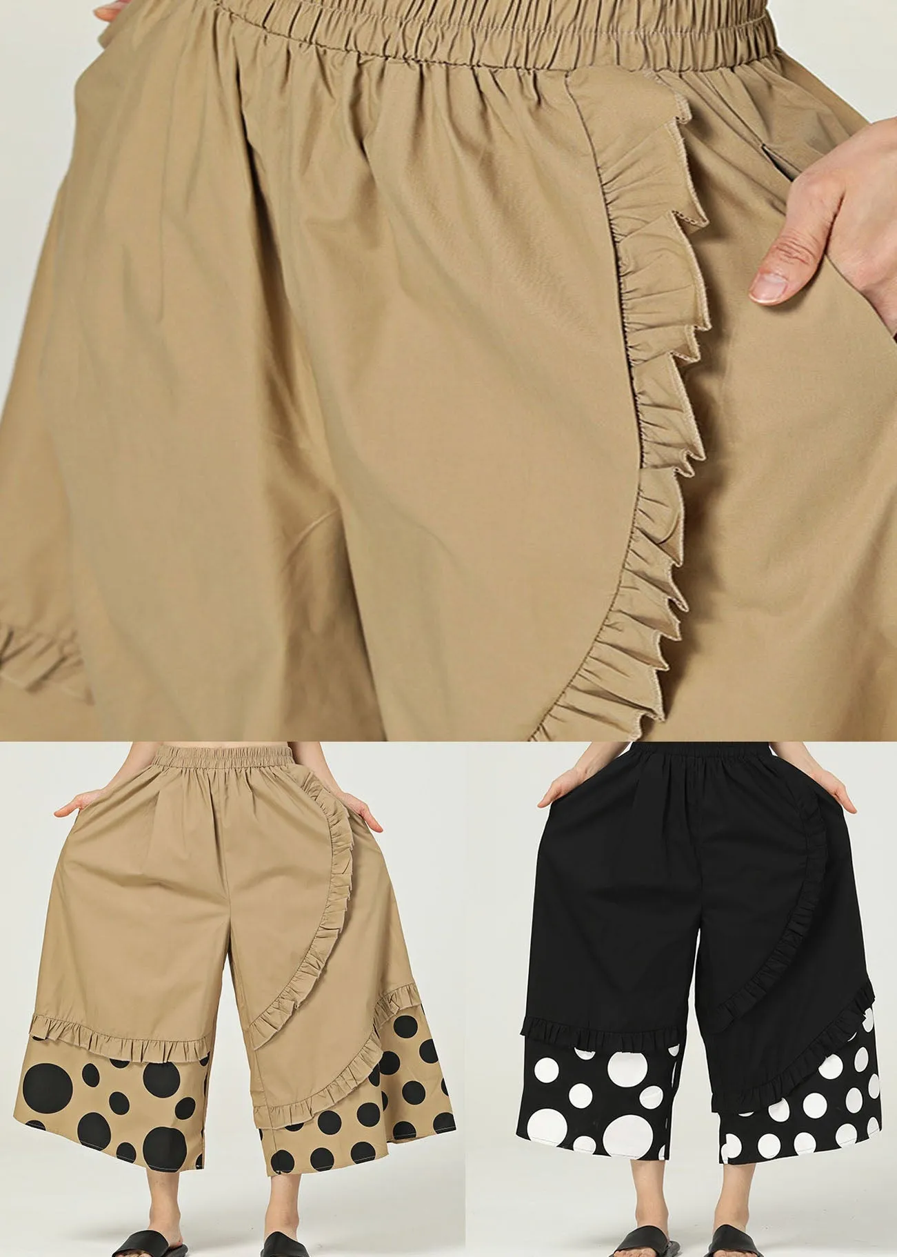 Chic Khaki Ruffled Pockets Print Cotton Wide Leg Pants Summer LY1227