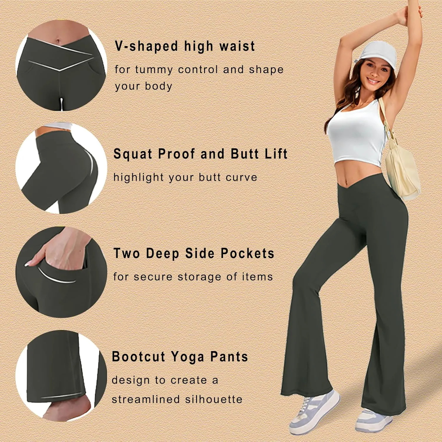 JADD Womens Flare Yoga Pants with Pockets Crossover High Waisted Bootcut Flare Leggings Tummy Control Workout Dress Pants