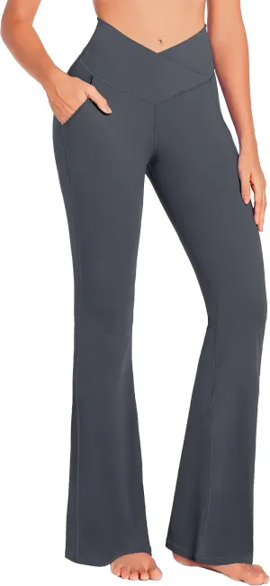 JADD Womens Flare Yoga Pants with Pockets Crossover High Waisted Bootcut Flare Leggings Tummy Control Workout Dress Pants