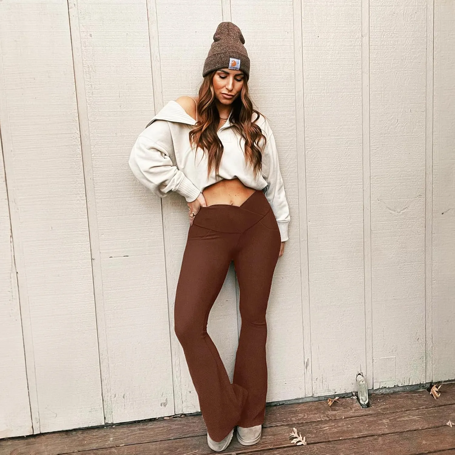 JADD Womens Flare Yoga Pants with Pockets Crossover High Waisted Bootcut Flare Leggings Tummy Control Workout Dress Pants