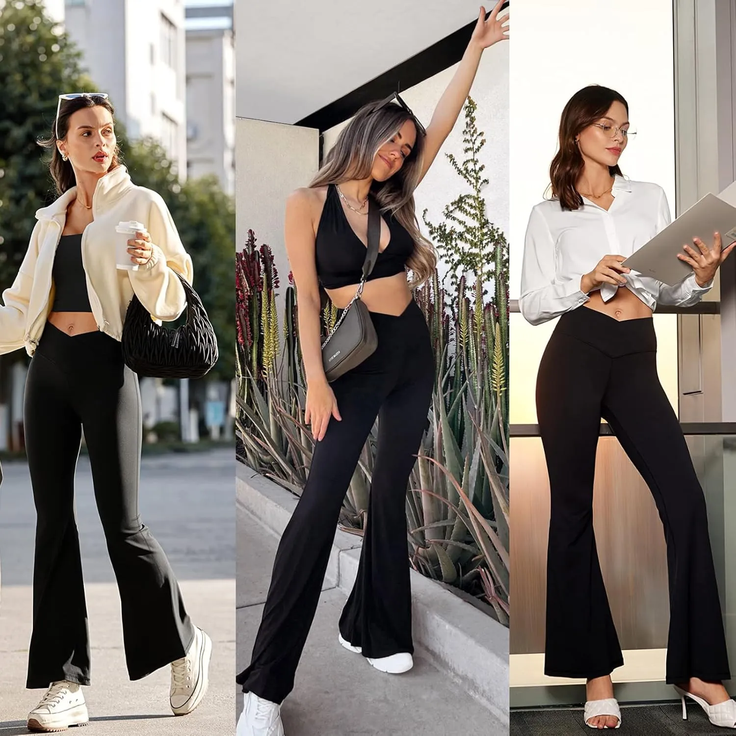 JADD Womens Flare Yoga Pants with Pockets Crossover High Waisted Bootcut Flare Leggings Tummy Control Workout Dress Pants