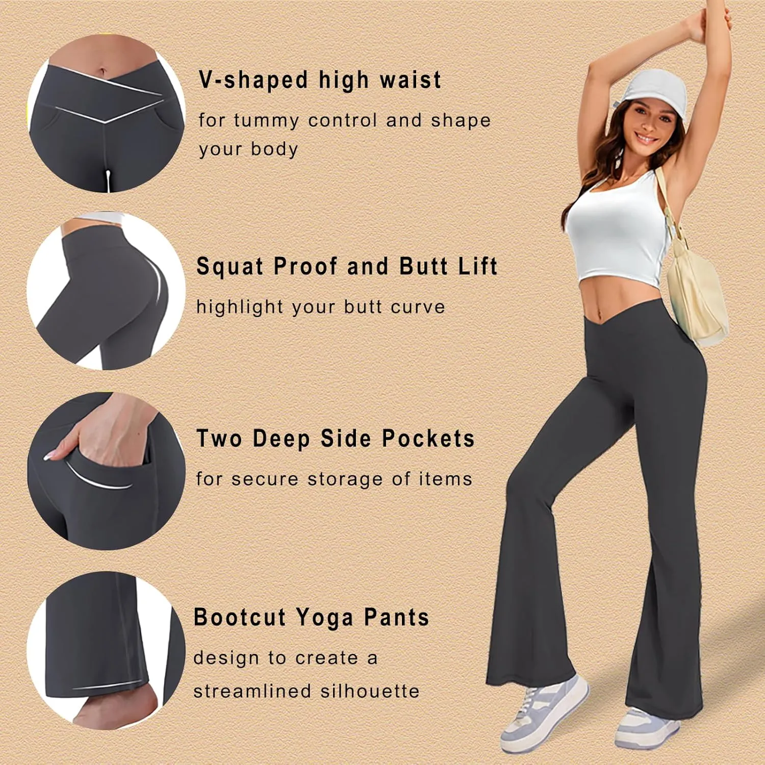 JADD Womens Flare Yoga Pants with Pockets Crossover High Waisted Bootcut Flare Leggings Tummy Control Workout Dress Pants