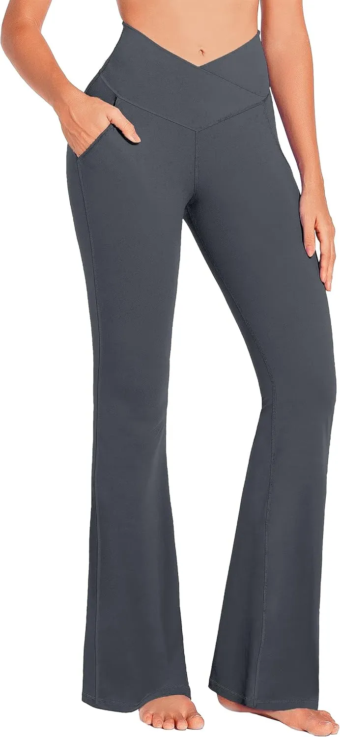 JADD Womens Flare Yoga Pants with Pockets Crossover High Waisted Bootcut Flare Leggings Tummy Control Workout Dress Pants