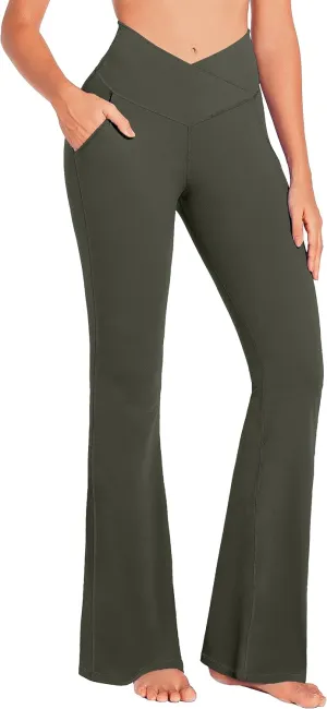 JADD Womens Flare Yoga Pants with Pockets Crossover High Waisted Bootcut Flare Leggings Tummy Control Workout Dress Pants