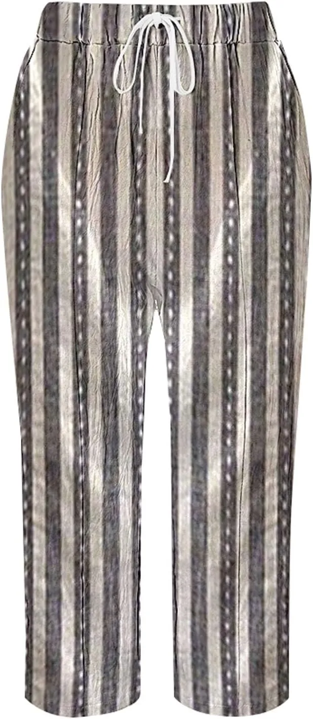 LCMTWX Linen Pants for Women Drawstring Capri Pants with Pockets Wide Leg Cropped Pants for Women Striped Pants Womens
