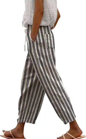 LCMTWX Linen Pants for Women Drawstring Capri Pants with Pockets Wide Leg Cropped Pants for Women Striped Pants Womens