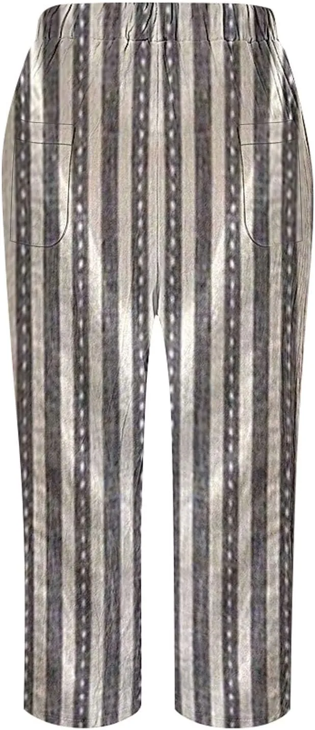LCMTWX Linen Pants for Women Drawstring Capri Pants with Pockets Wide Leg Cropped Pants for Women Striped Pants Womens