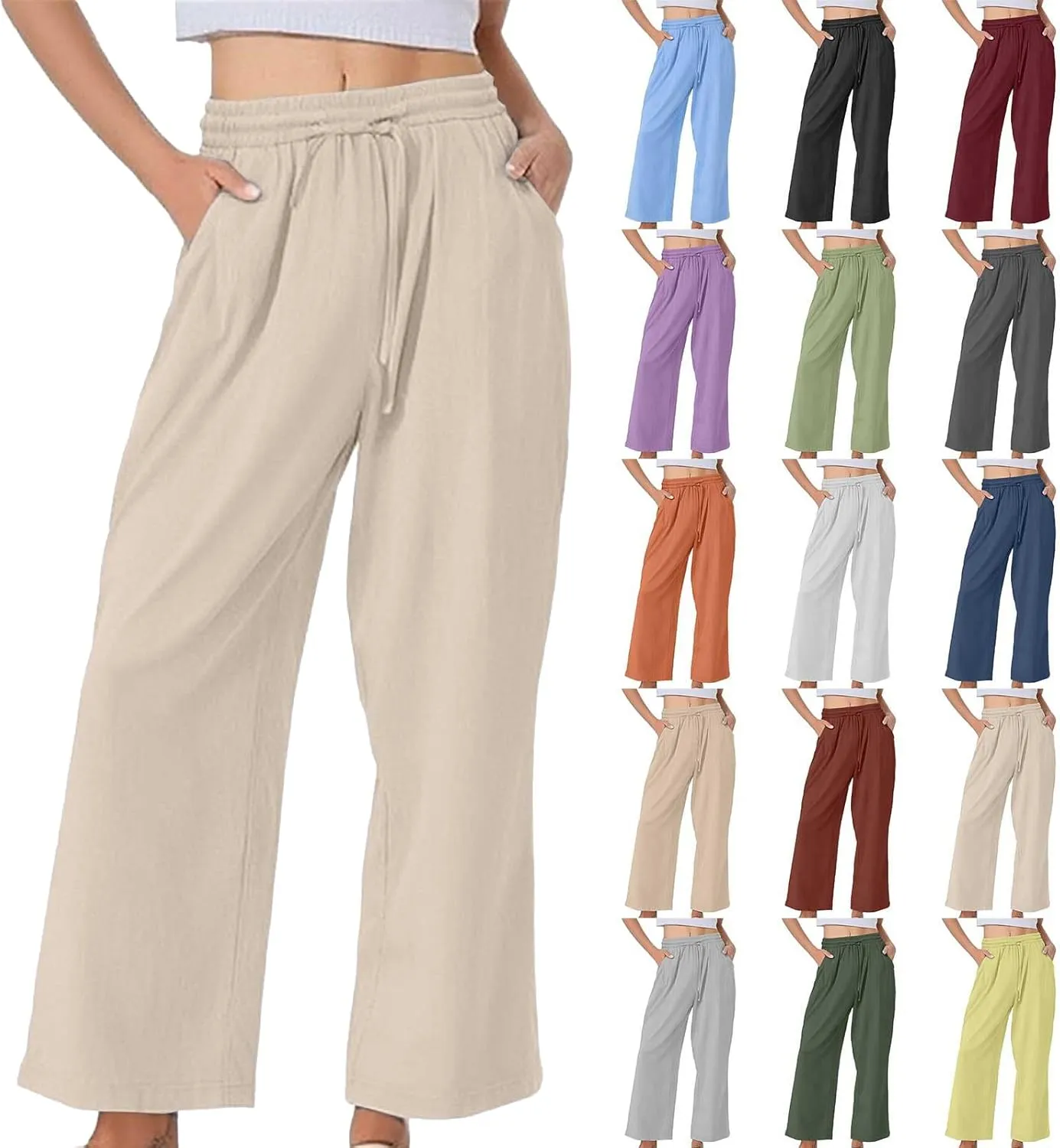 Linen Pants Women Petite Casual Loose High Waist Beach Pants 2025 Summer Lightweight Boho Drawstring Flowly Trousers