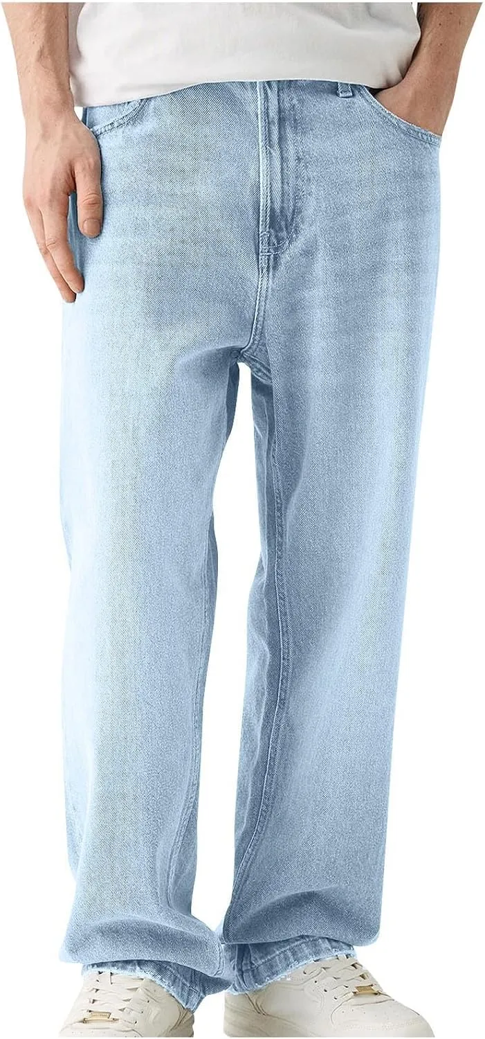 Men's Washed Denim Pants Casual Low Rise Jeans Traight Leg Jeans Pant Classy Work Pants Comfortable Loose Trousers