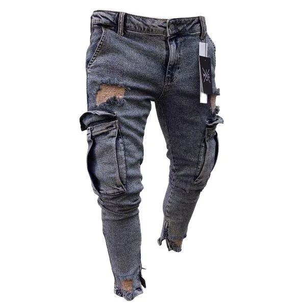 Trendy knee ripped zipper pencil denim trousers