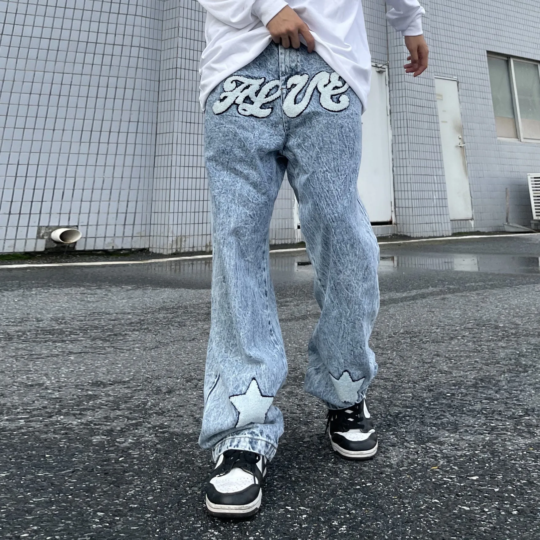 Trendy retro star embroidered denim street straight hip-hop trousers