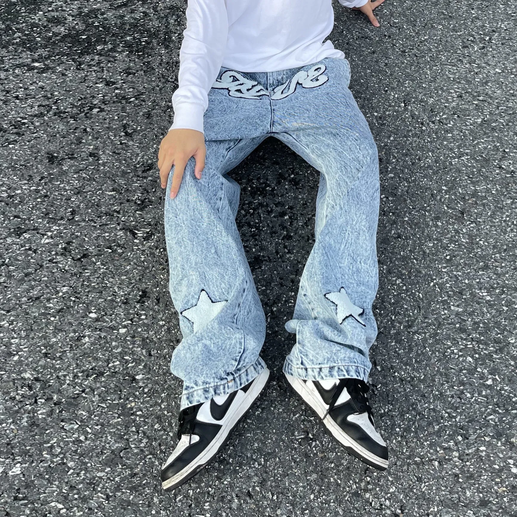 Trendy retro star embroidered denim street straight hip-hop trousers