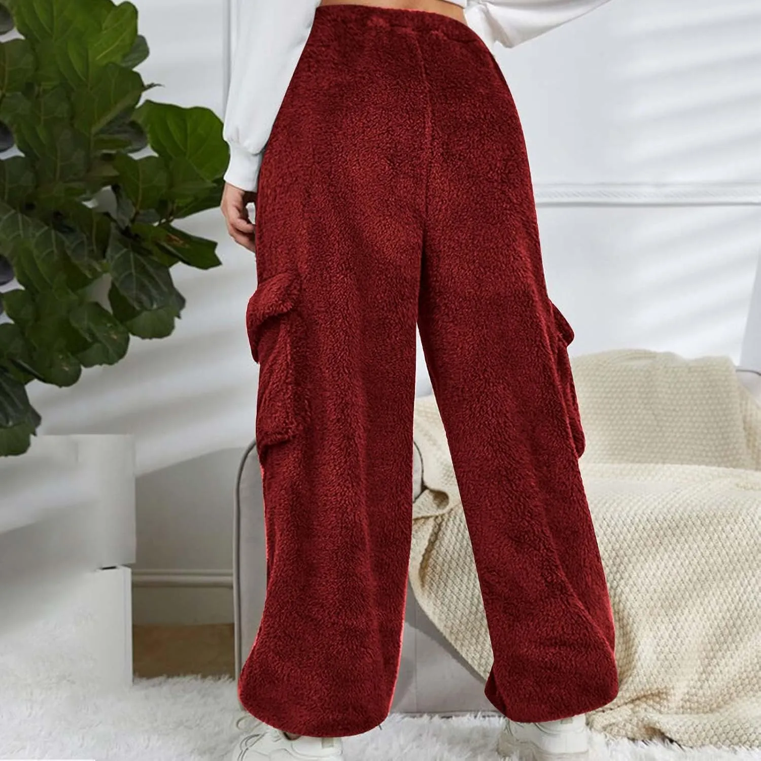 Women Plush Fluffy Pants Cargo Pockets Casual Warm Soft Fleece Elastic Waist Pajama Bottoms Winter Cozy Lounge Pants