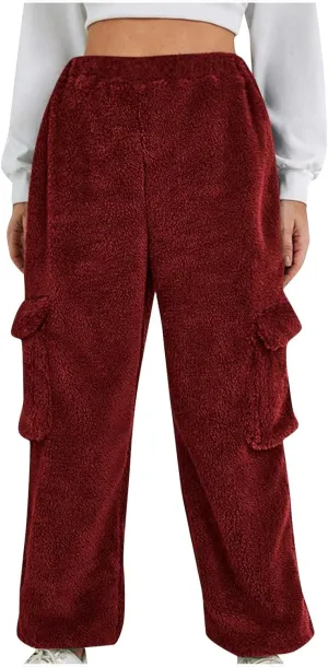 Women Plush Fluffy Pants Cargo Pockets Casual Warm Soft Fleece Elastic Waist Pajama Bottoms Winter Cozy Lounge Pants