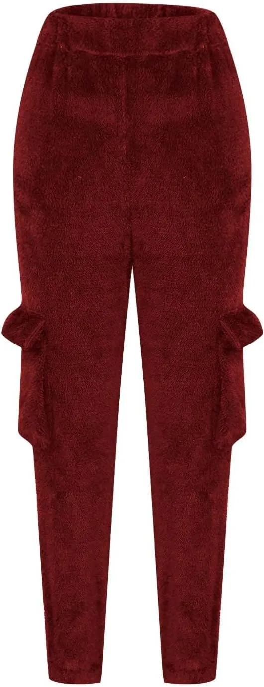 Women Plush Fluffy Pants Cargo Pockets Casual Warm Soft Fleece Elastic Waist Pajama Bottoms Winter Cozy Lounge Pants