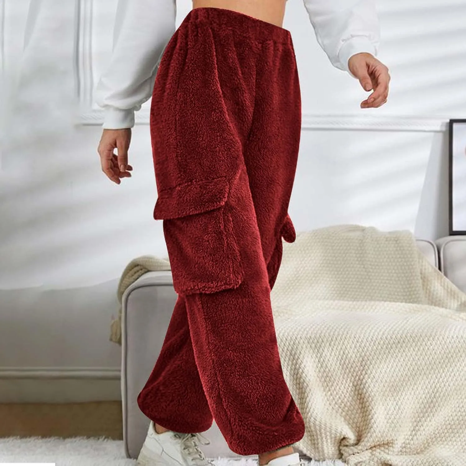 Women Plush Fluffy Pants Cargo Pockets Casual Warm Soft Fleece Elastic Waist Pajama Bottoms Winter Cozy Lounge Pants