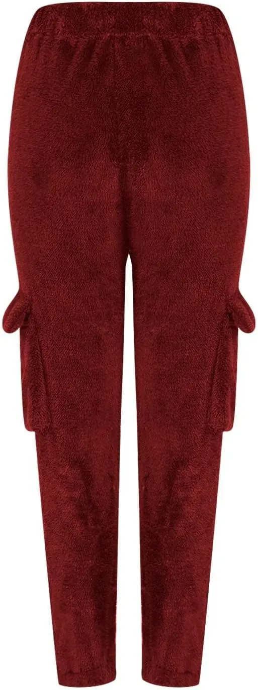 Women Plush Fluffy Pants Cargo Pockets Casual Warm Soft Fleece Elastic Waist Pajama Bottoms Winter Cozy Lounge Pants
