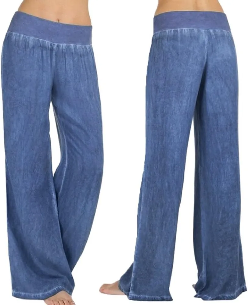 Women's Wide Leg Pants Elastic High Waisted Yoga Pant Casual Loose Fit Flowy Palazzo Pants Denim Jeans Loungewear